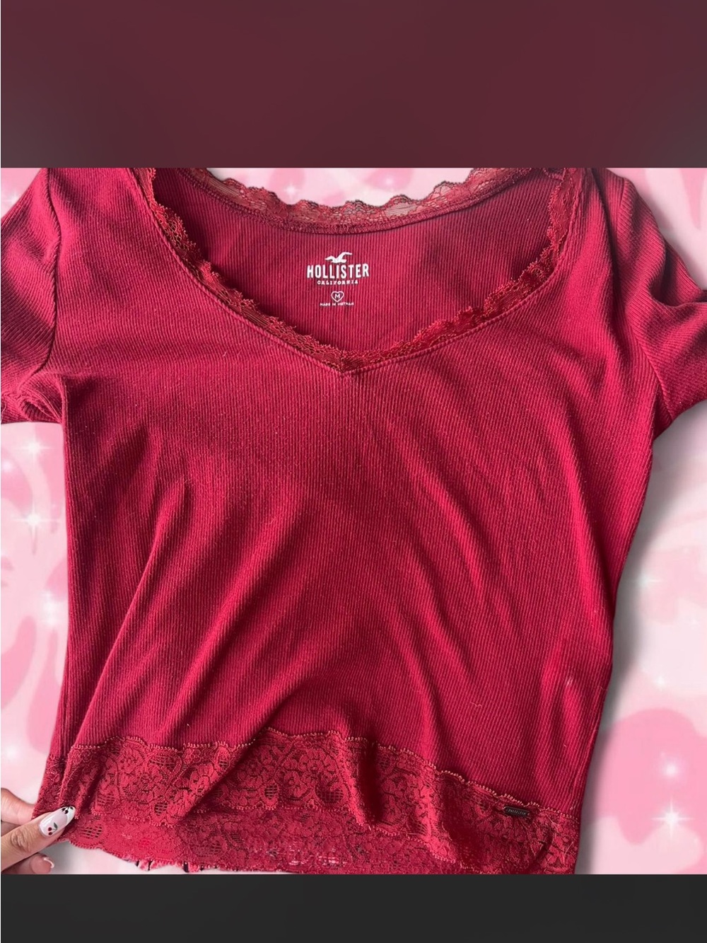 Hollister Burgundy Ribbed Lace-Trim V-Neck Tank
